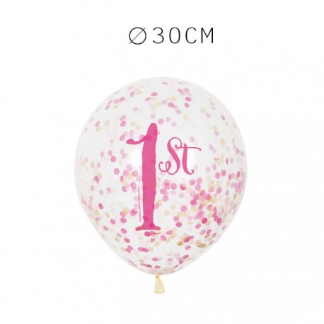 6 Balões de Confete Primeiro Ano Menina 30 cm