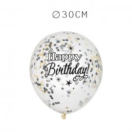 6 Balões de Confete Happy Birthday Elegante 30 cm