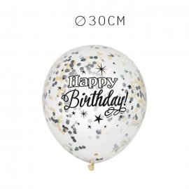 6 Balões de Confete Happy Birthday Elegante 30 cm