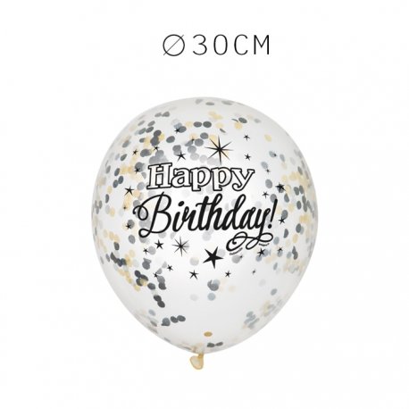 6 Balões de Confete Happy Birthday Elegante 30 cm