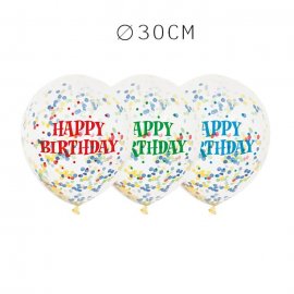 6 Balões de Confete Happy Birthday 30 cm