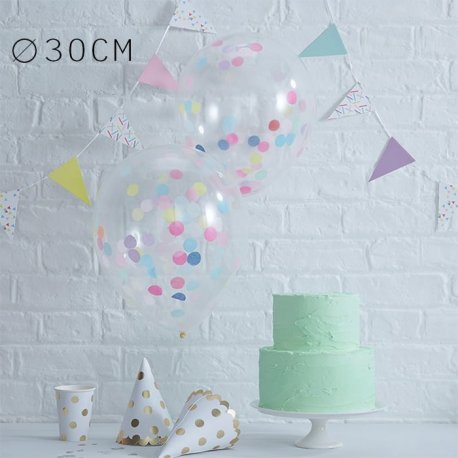 5 Balões de Confete Cores Pastel 30 cm