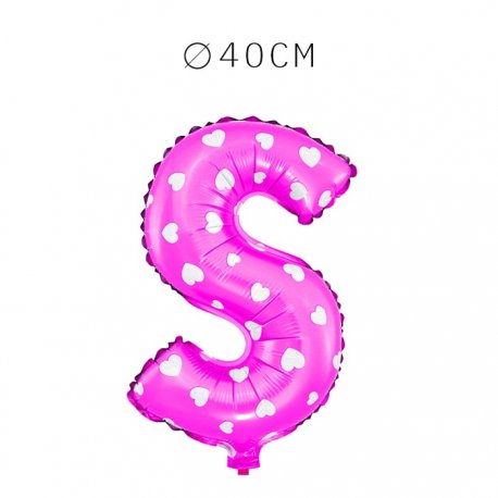 Balão Letra S Foil Rosa com Corações 40 cm