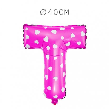 Balão Letra T Foil Rosa com Corações 40 cm