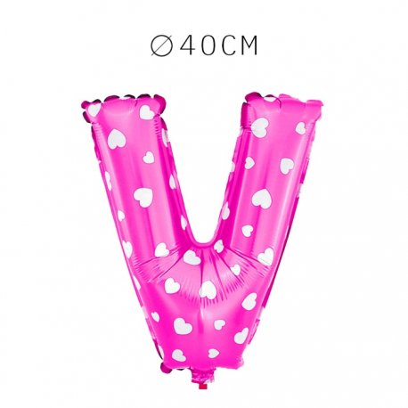Balão Letra V Foil Rosa com Corações 40 cm