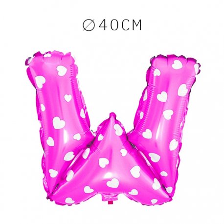 Balão Letra W Foil Rosa com Corações 40 cm