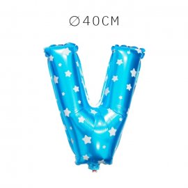 Balão Letra V Foil Azul com Estrelas 40 cm
