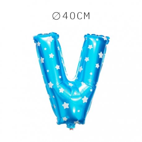 Balão Letra V Foil Azul com Estrelas 40 cm