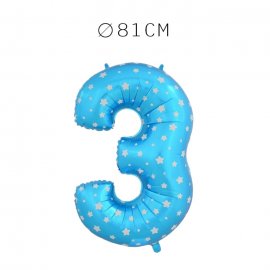 Balão Número 3 Foil Azul com Estrelas 81 cm