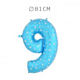 Balão Número 9 Foil Azul com Estrelas 81 cm